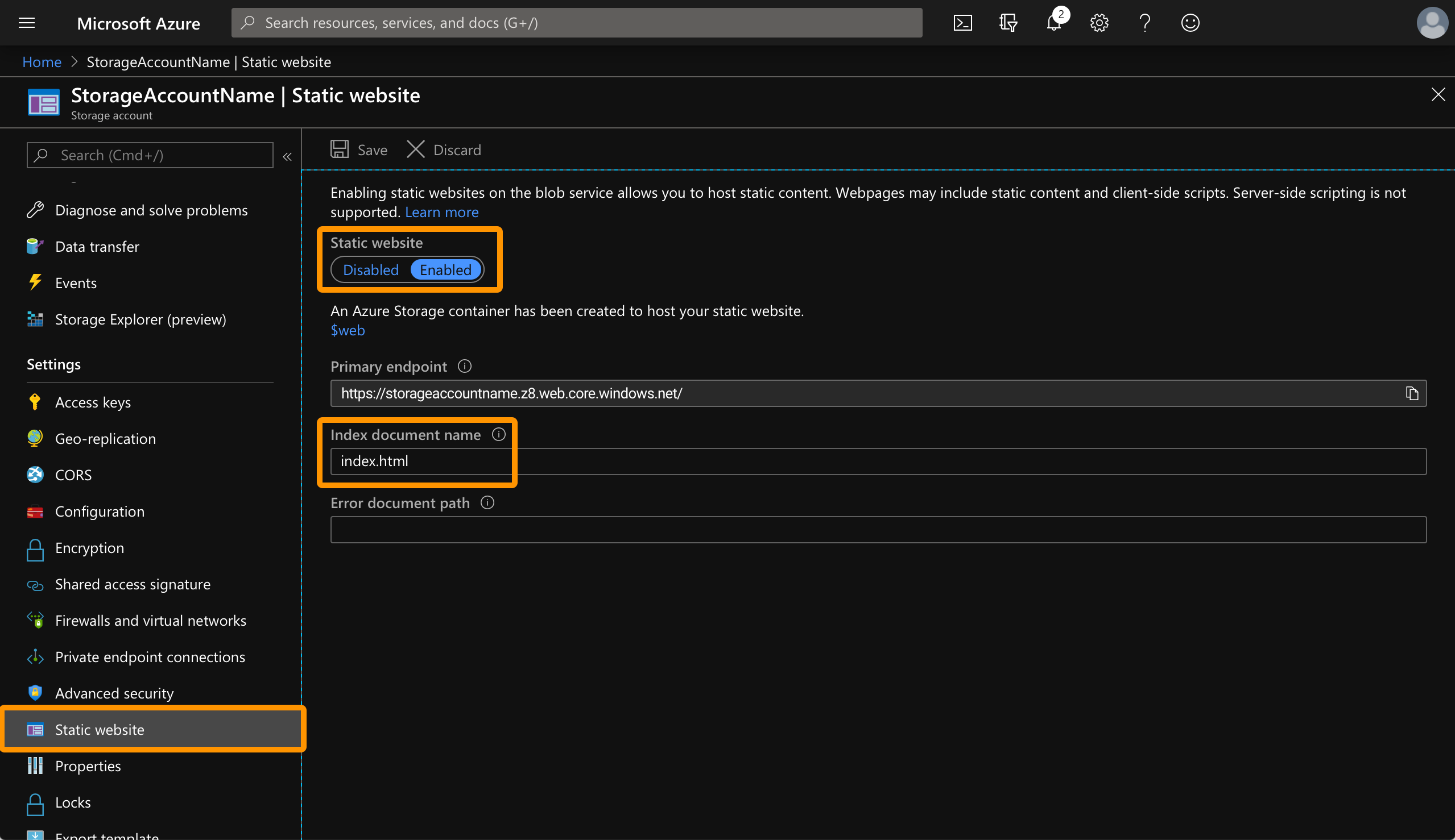 Screenshot of Storage Account in Azure Portal. Showing Static website section selected, static website enabled, and 'index.html' as the Index document name.