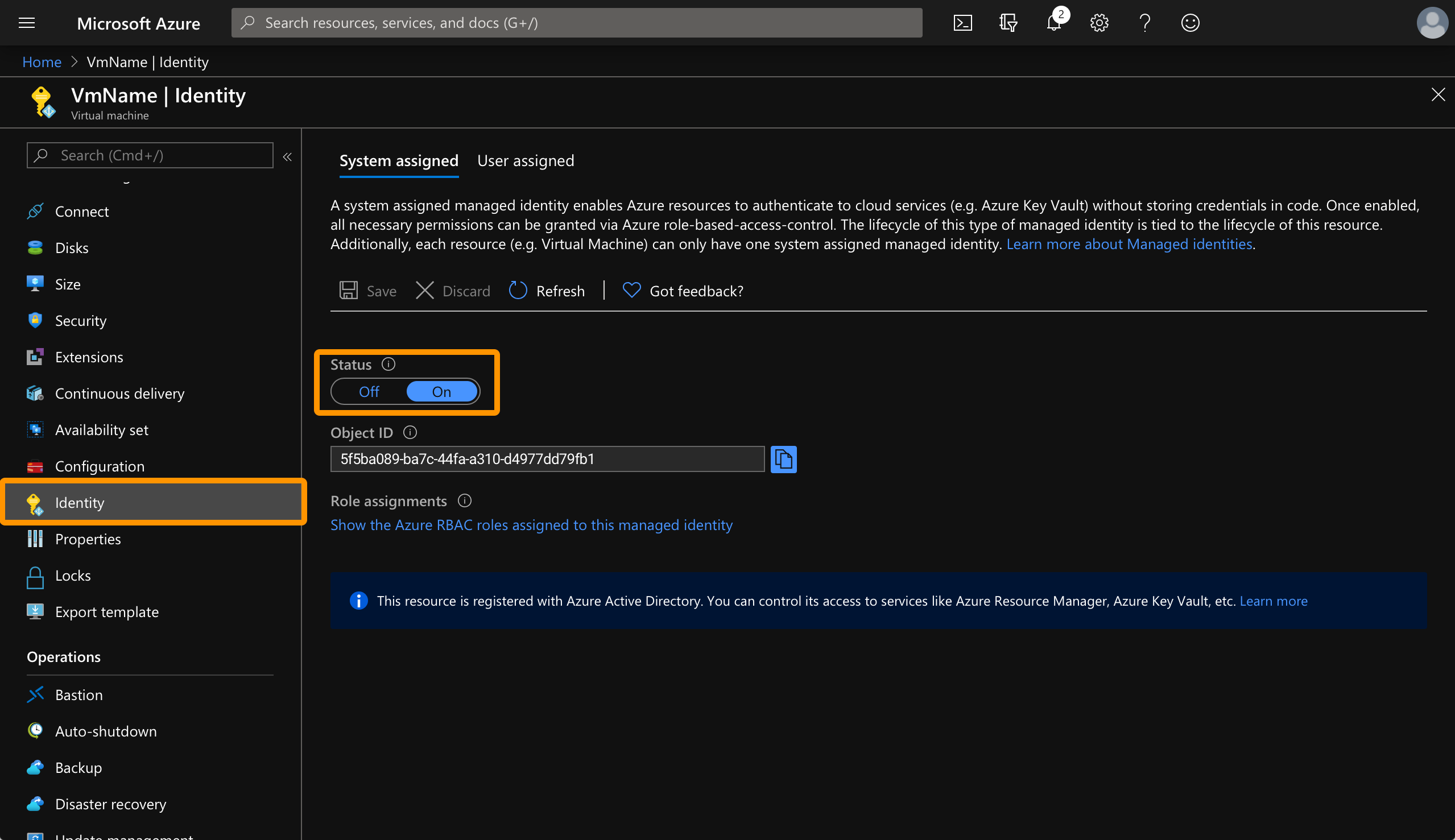 Screenshot of VM in Azure Portal. Showing Identity section selected, System assigned tab shown, with status set to 'On'.