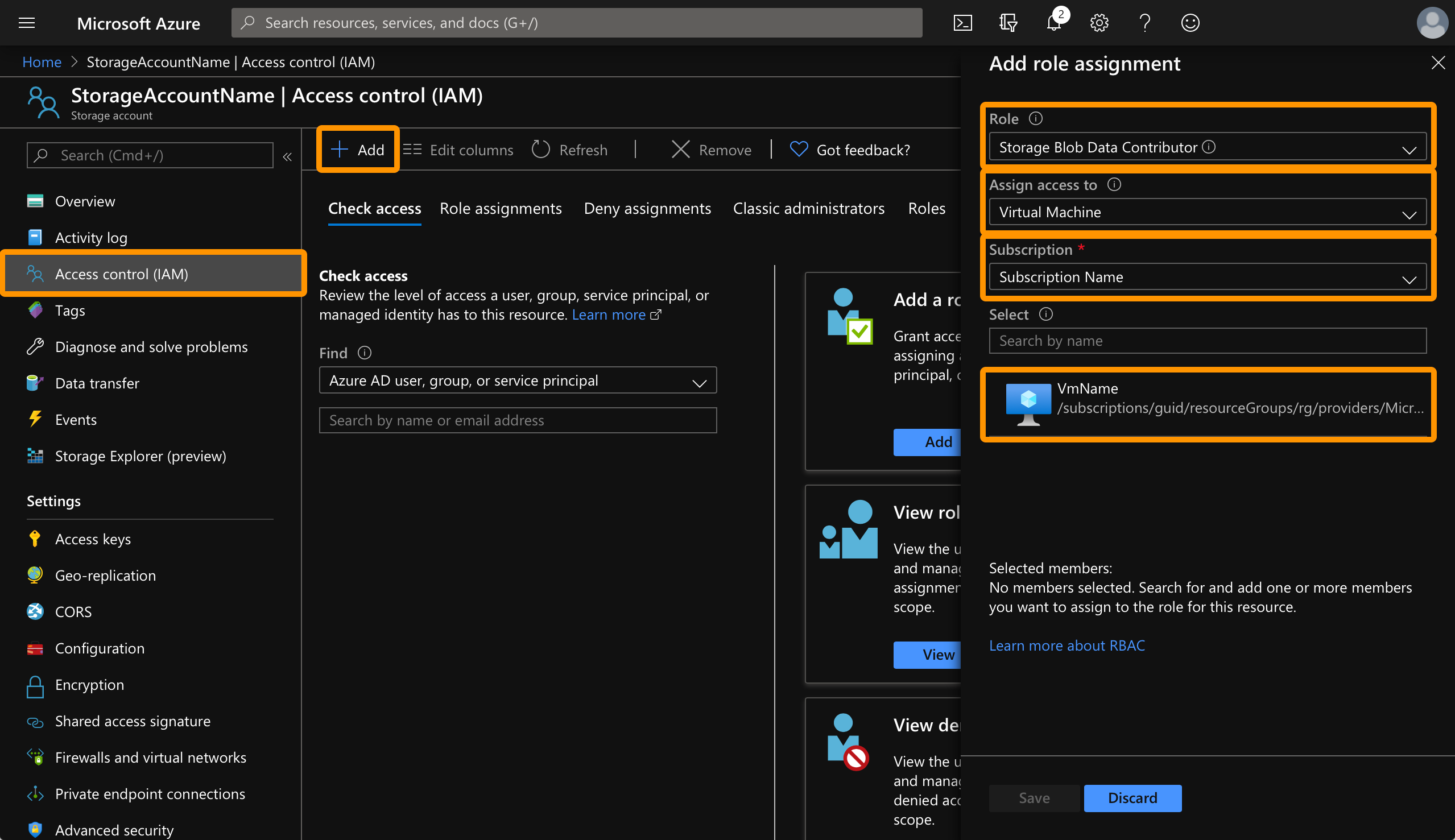 Screenshot of Storage Account in Azure Portal. Showing Access control section selected, Role assignments tab shown. New role assignment modal shown with Storage Blob Data Contributor roles, Assigning access to Virtual Machine, Minecraft virtual machine selected.